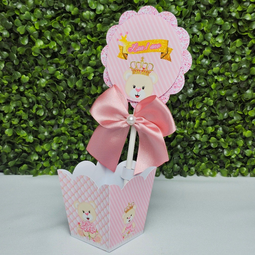 Centro de Mesa Cachepot URSINHA REALEZA COROA ROSA - Festa Infantil - Aniversario - Kit festa - Lembrancinha