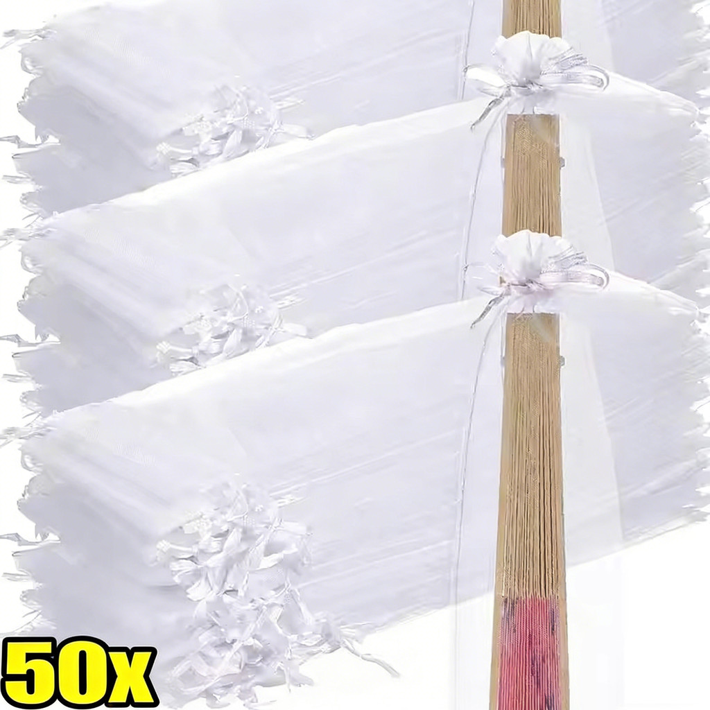 10/20/30/40/50 Pacotes De Sacos De Organza Brancos , Bolsa De Malha Transparente Com Fecho De Cordão Para Leque De Joias