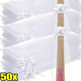 10/20/30/40/50 Pacotes De Sacos De Organza Brancos , Bolsa De Malha Transparente Com Fecho De Cordão Para Leque De Joias