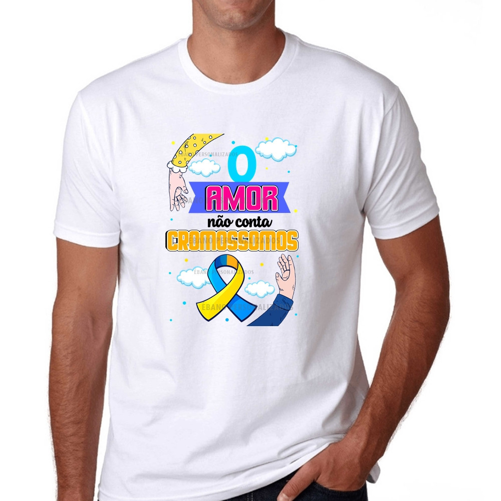 Camiseta 100% Algodão Premium O amor não conta cromossomos Síndrome de Down laço amarelo e azul T21 respeito e inclusão