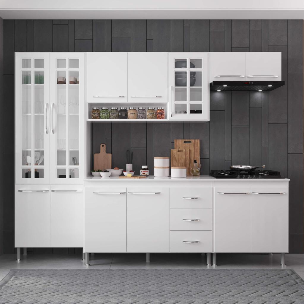 Cozinha Modulada Completa Fidelitá Viena 5 Peças 260cm 13 Portas 3 Gavetas Com Tampo Branco em Oferta na Shopee