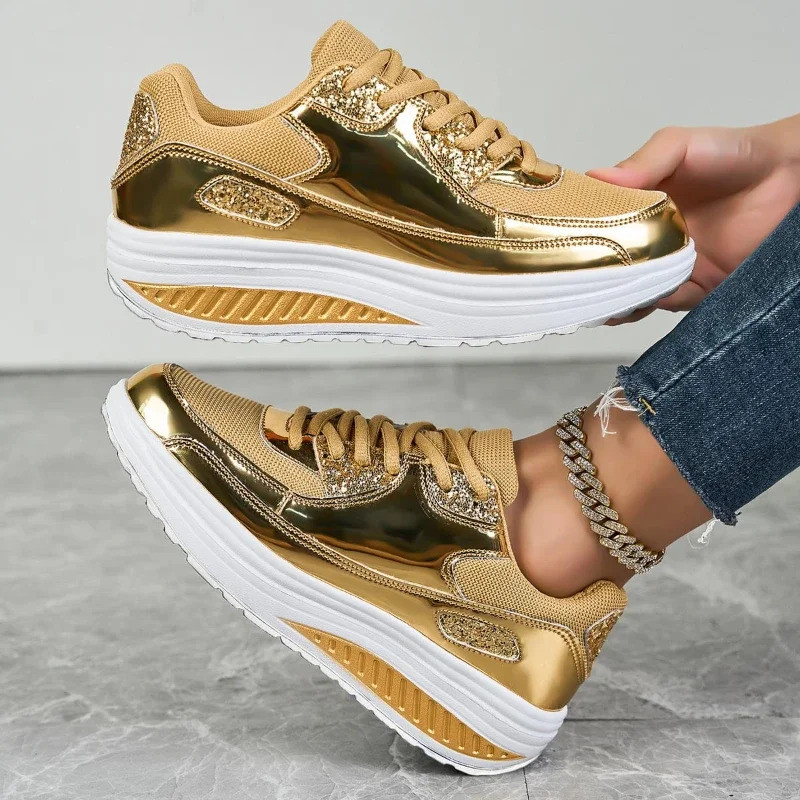 Tênis Casuais Femininos Respiráveis em Malha, Tênis Vulcanizados com Cadarço, Tênis de Plataforma Femininos, Calçados Fe