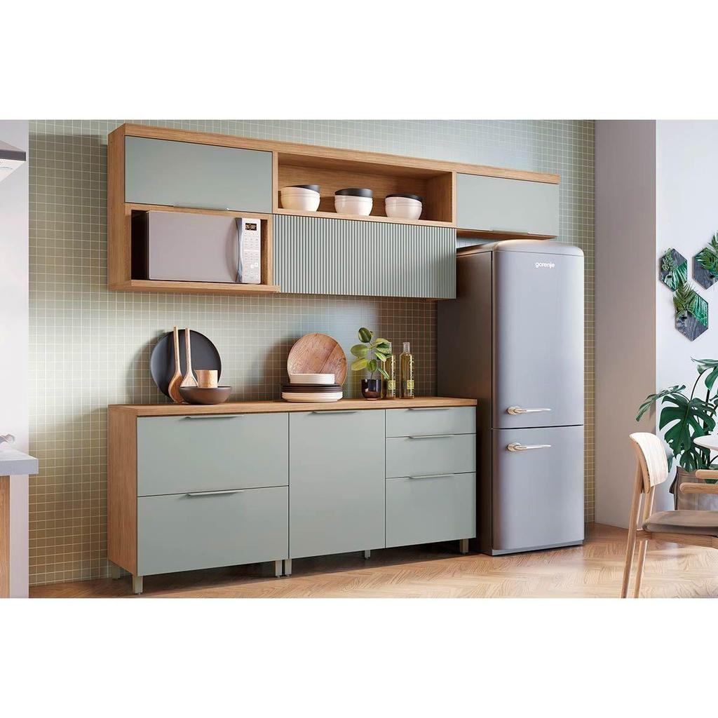 Cozinha Completa Marquesa 5 Peças (3 Aéreos + 2 Balcões) Nature/Verde - Nesher em Oferta na Shopee