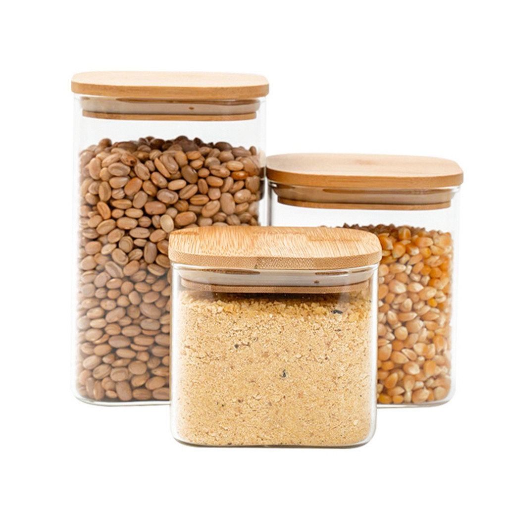 Kit 3 potes de vidro tampa de bambu herméticos quadrados - Tüd