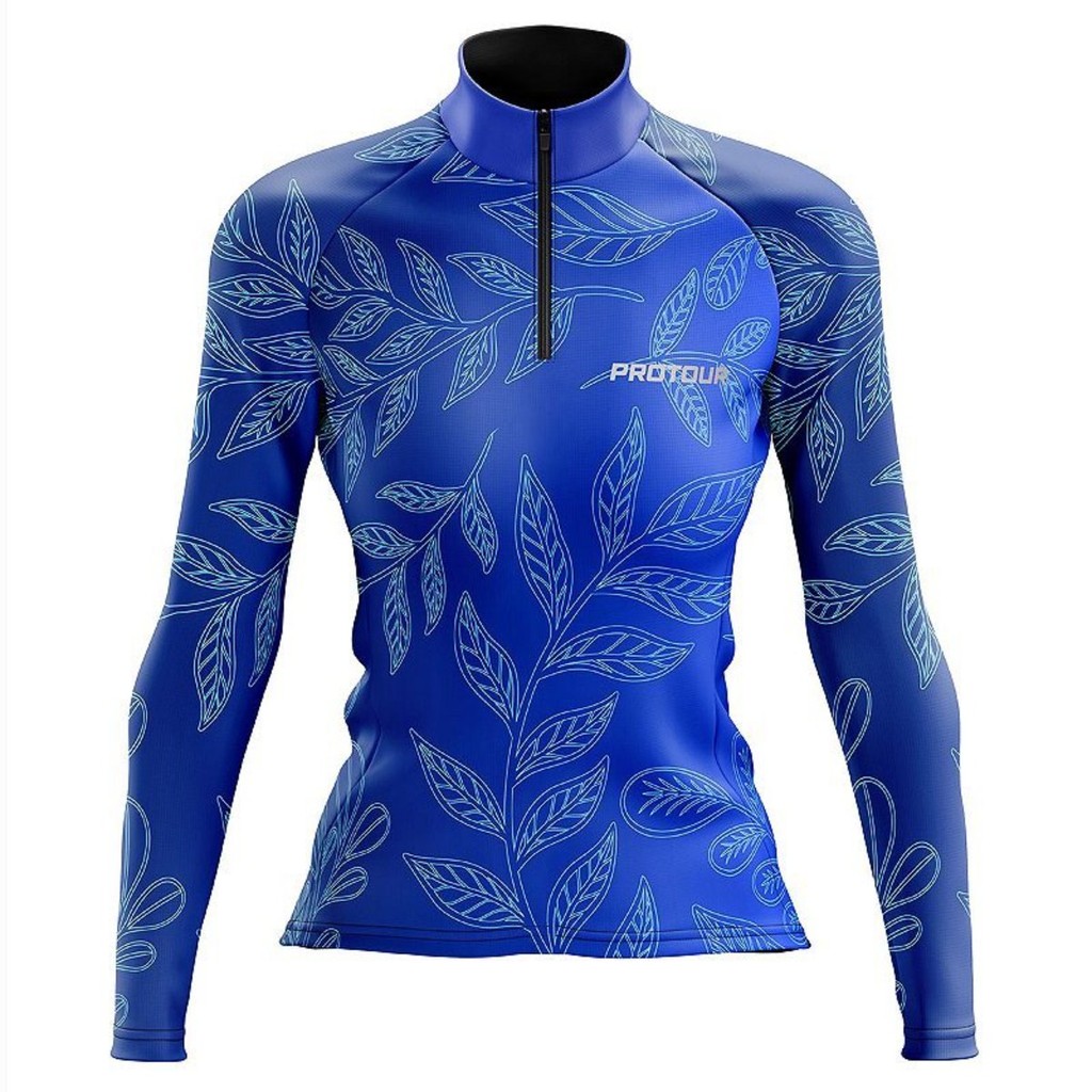 Camisa Ciclismo Feminina Dry Fit com Proteção UV Bike MTB Speed Pro Tour Folhas Azul Roupa Para Ciclismo