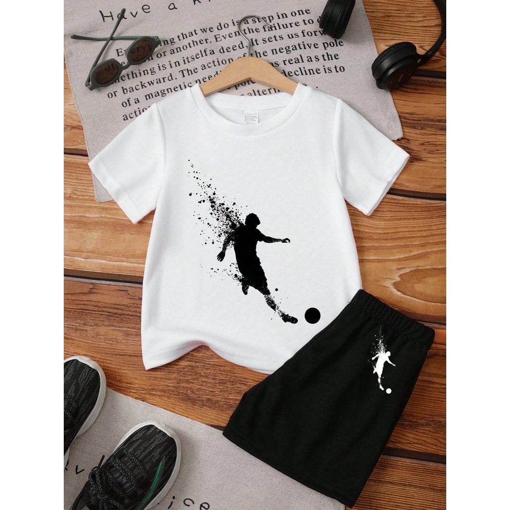 Conjunto Camiseta Masculina Infantil Algodão +Short Moletom Com Estampa Jogador Futebol 2 Peças - Copa Mundo Fãs Futebol