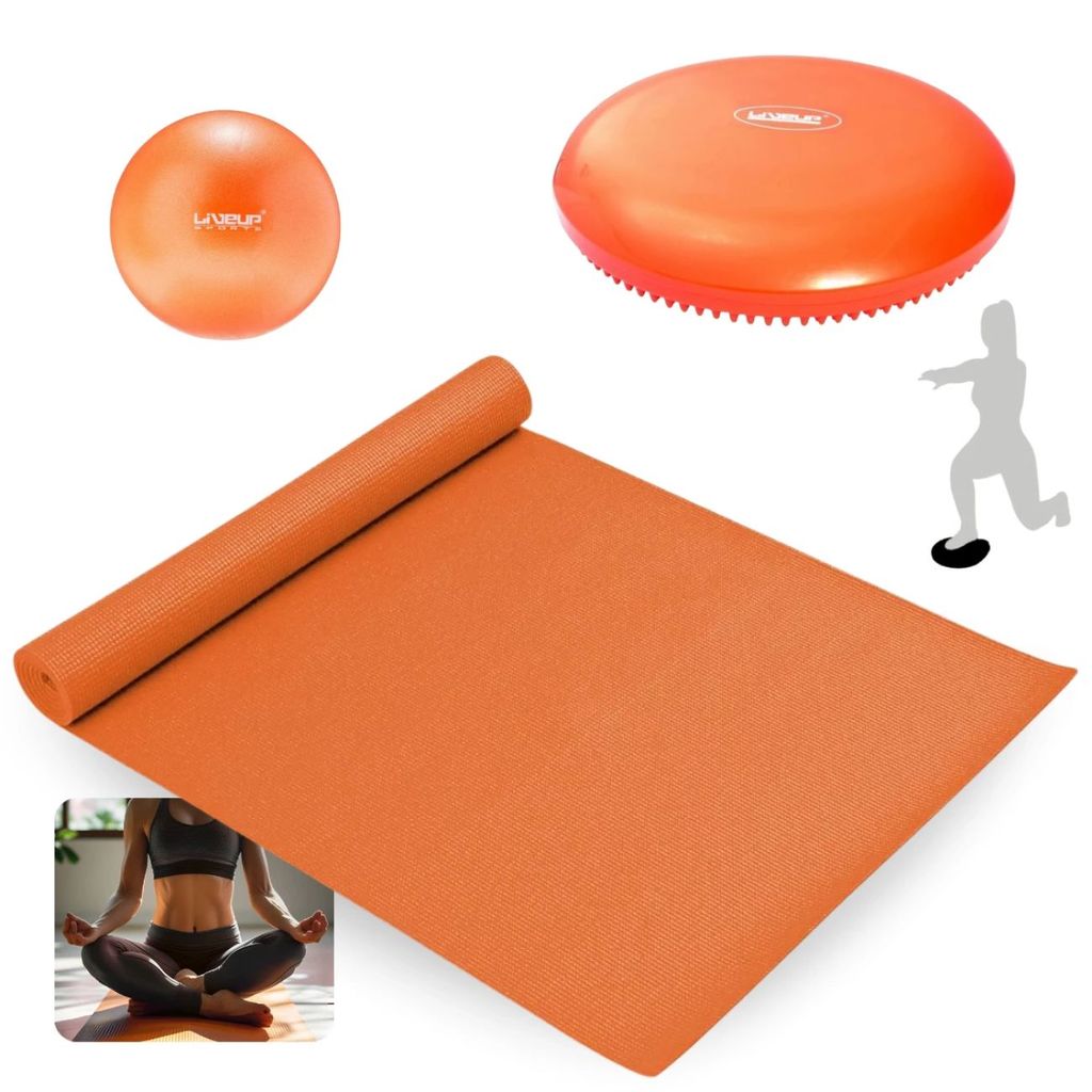 Kit Mini Bola Overball 25cm + Disco de Equilíbrio Inflável + Colchonete 1,73m Yoga Exercícios