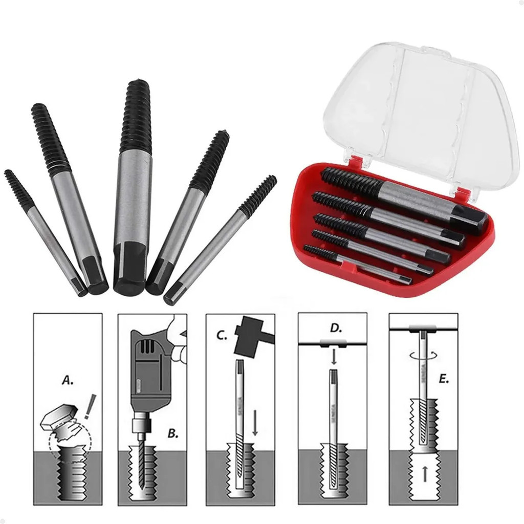 Kit Extrator de Parafuso Quebrado 5 Peças em Aço Carbono Alta Resistência