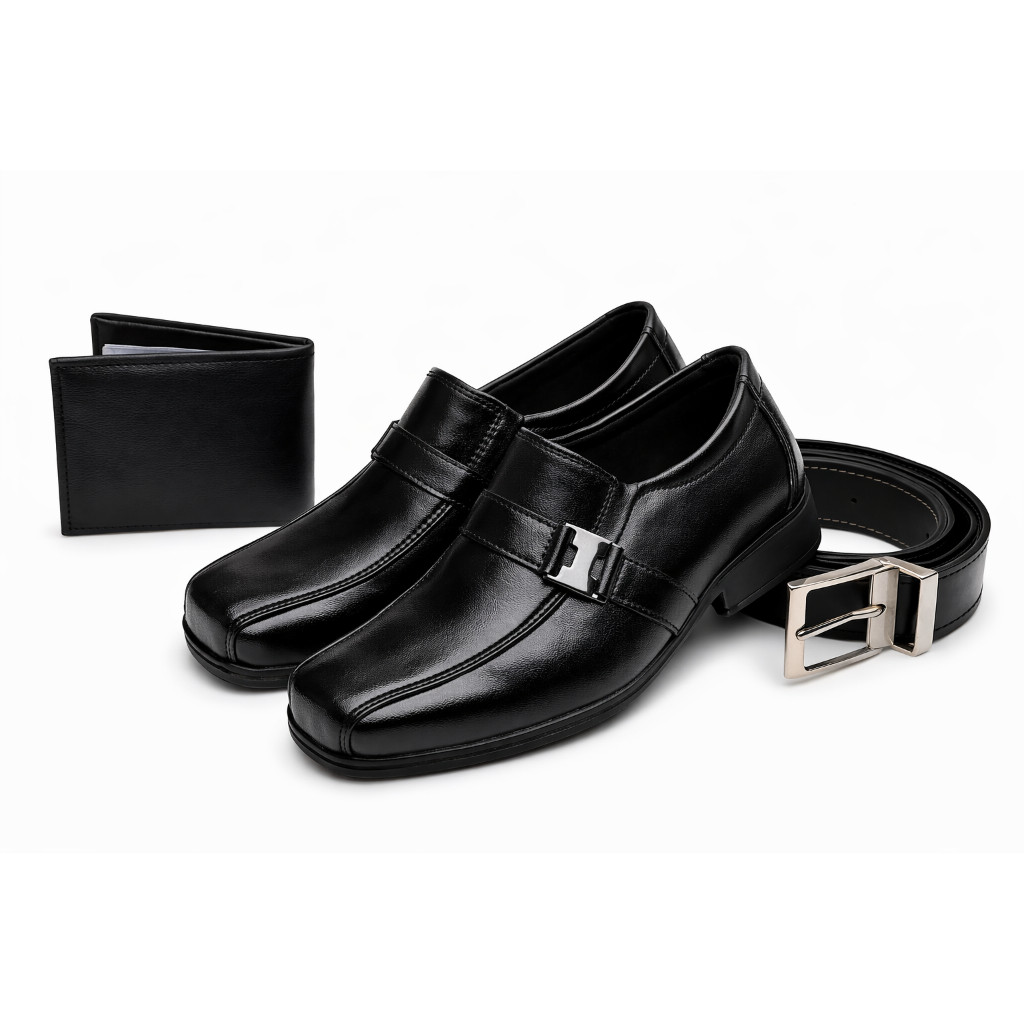 Kit Sapato Social Infantil Preto Verniz + Cinto Dupla Face Preto/Café + Carteira Infantil Preta