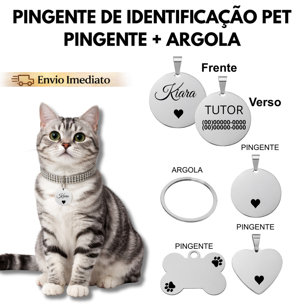 Pingente De Identificação Gatos Pet Personalizado Nome Telefone Prata Frente Verso Animais Proteção
