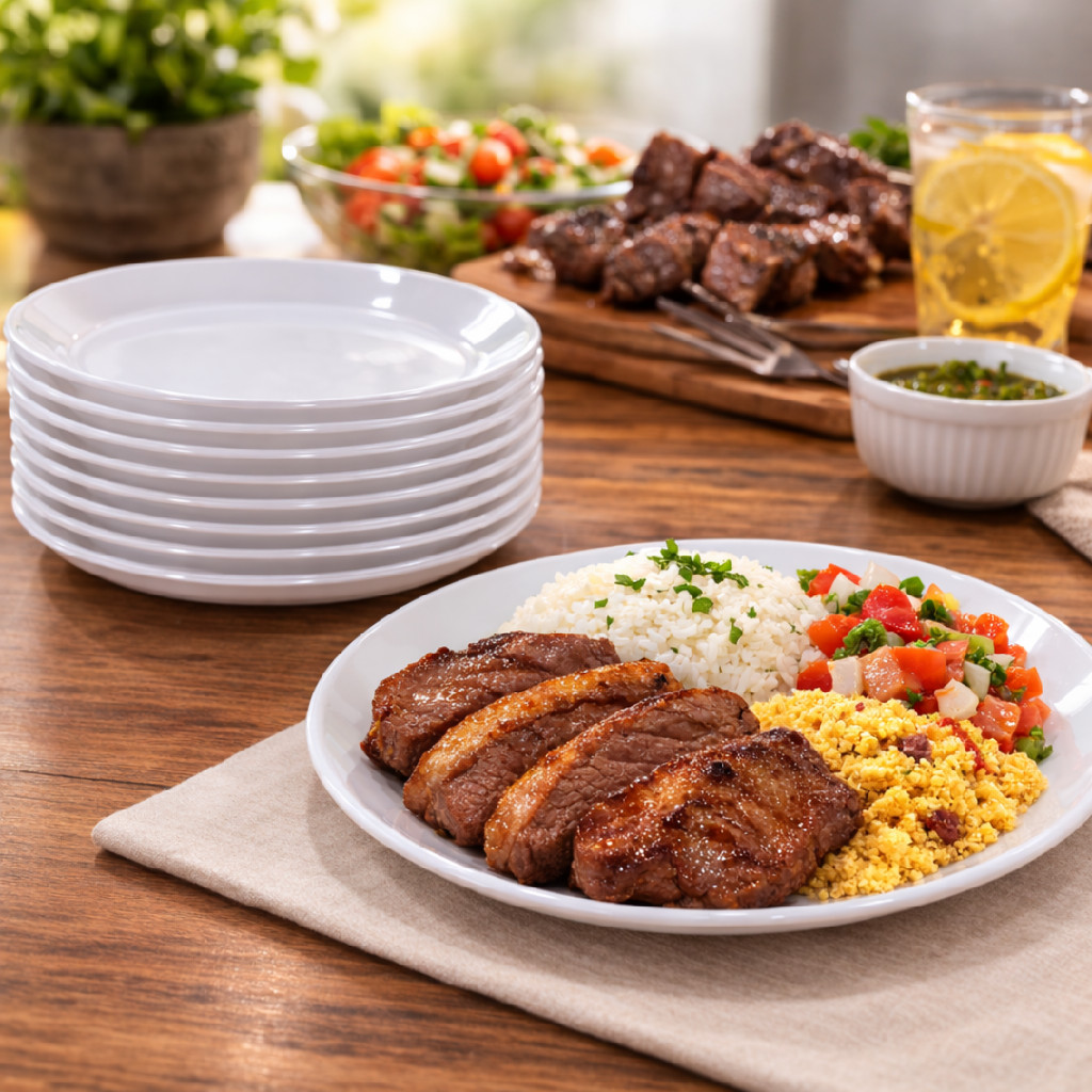 50 Prato Acrílico Redondo Resistente Refeição 22cm Branco