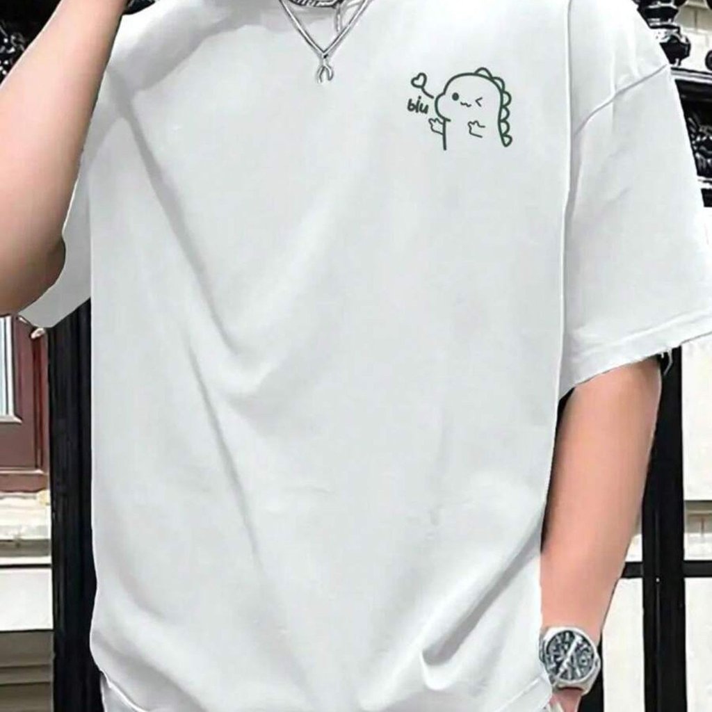 Camiseta Básica Casual de Gola Redonda Masculina, Estampada Mini Dinossauro - Top Casual Elástico, Tecido Premium, Malha