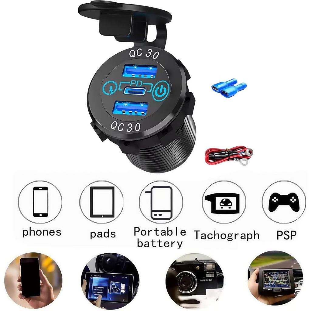 Imagem Carregador Painel 65W PD USB-C QC3.0 3 Portas com Interruptor LED Fusível 12/24V Moto Barco Caminhão