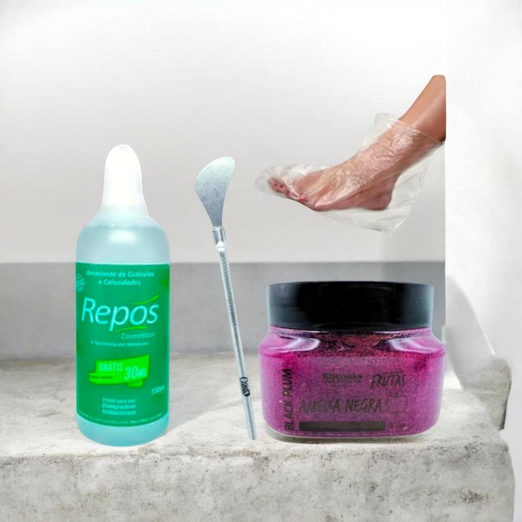 1 Kit Spa dos Pés FIM dos Calos  Pés Lisinhos e Macios: Esfoliante Ameixa Negra+ Repos 150 ml+  +Espátula 222+ Botinhas