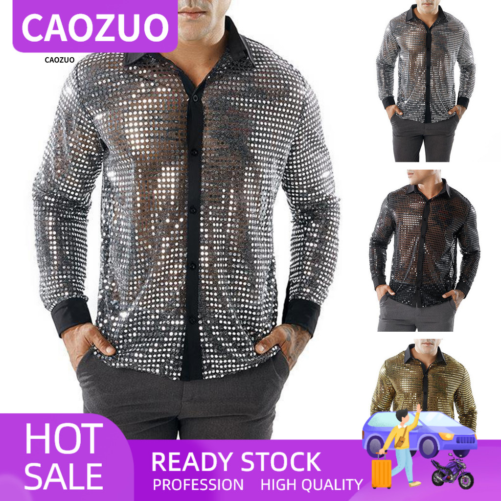 Vintage Men Sequin Shirt Men's 70s Disco Slim Fit Party Shiny Glossy Lapel Long Sleeve Performance Clubwear