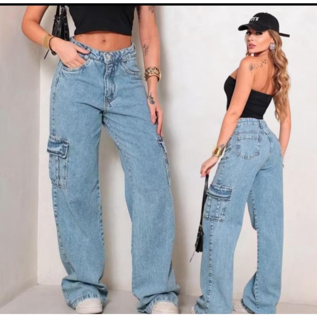 Cargo 6 bolsos Calça Jeans Cargo Feminina Confortável Casual Versátil Tendência Elegante Moderna Festas Blogueira