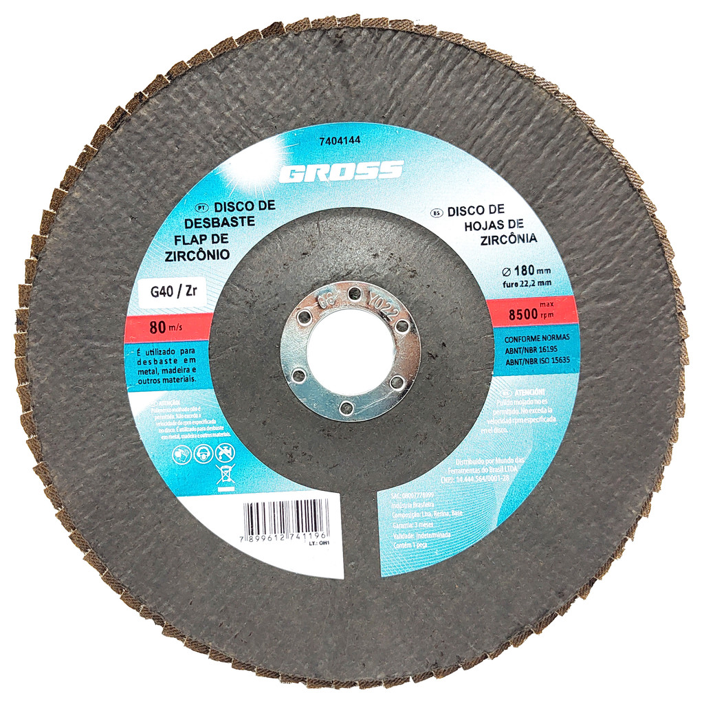Disco Flap Zircônio Grão 40 180x22mm 1 Peça Gross