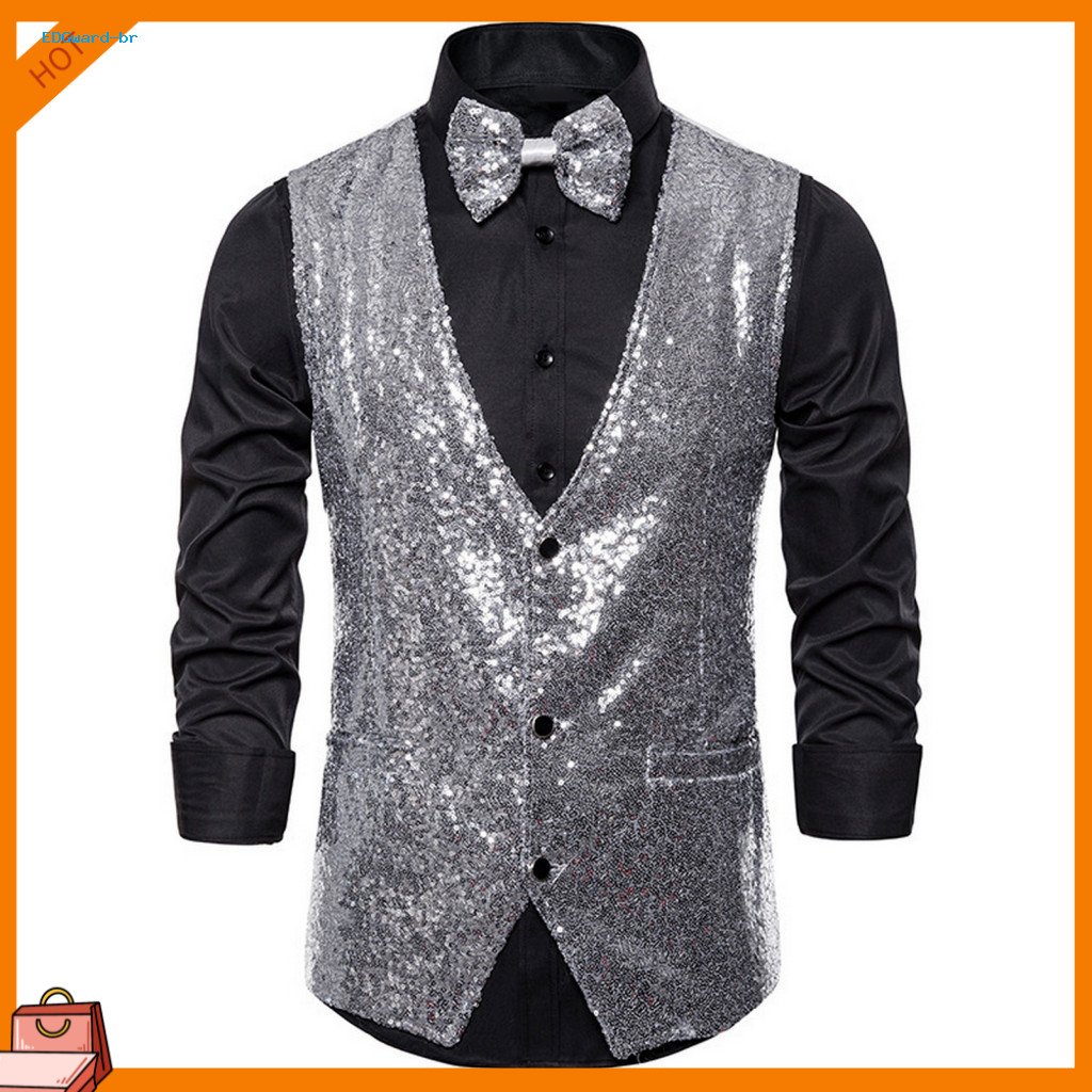 Soft and Warm Men Vest Sleek Sleeveless Jacket Men's Sequin Bow Tie Set Slim Fit Waistcoat Single-breasted V-neck Stage 