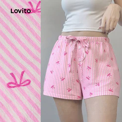 Lovito Shorts Casuais com Amarração Lateral de Listra Rosa Primavera/verão para Mulheres Bordado L178ED839