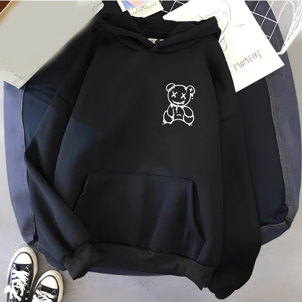 Blusa Moletom Capuz Canguru Algodão Estampado Casual Unissex Promoção Quentinho Frio Bege Urso
