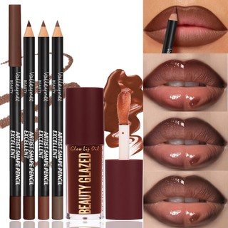 Conjunto De 4 Peças De Óleo Labial E Delineador Beauty Glazed-Lápis Fosco À Prova D'água De Longa Duração + Kit De Batom