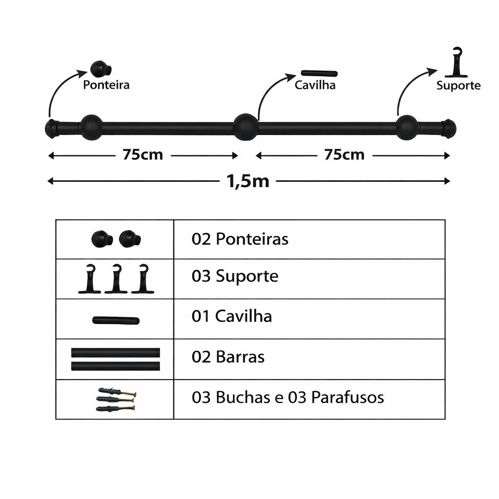 Kit Varao De Cortina Madeira 1,5M 19MM Completo Suporte Buchas E Parafusos — imagem 2 de 2