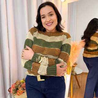 Blusa Tricot Feminino Listrado Manga Longa Trabalhado Sueter de Frio Confortavel Inverno Macio em Oferta na Shopee