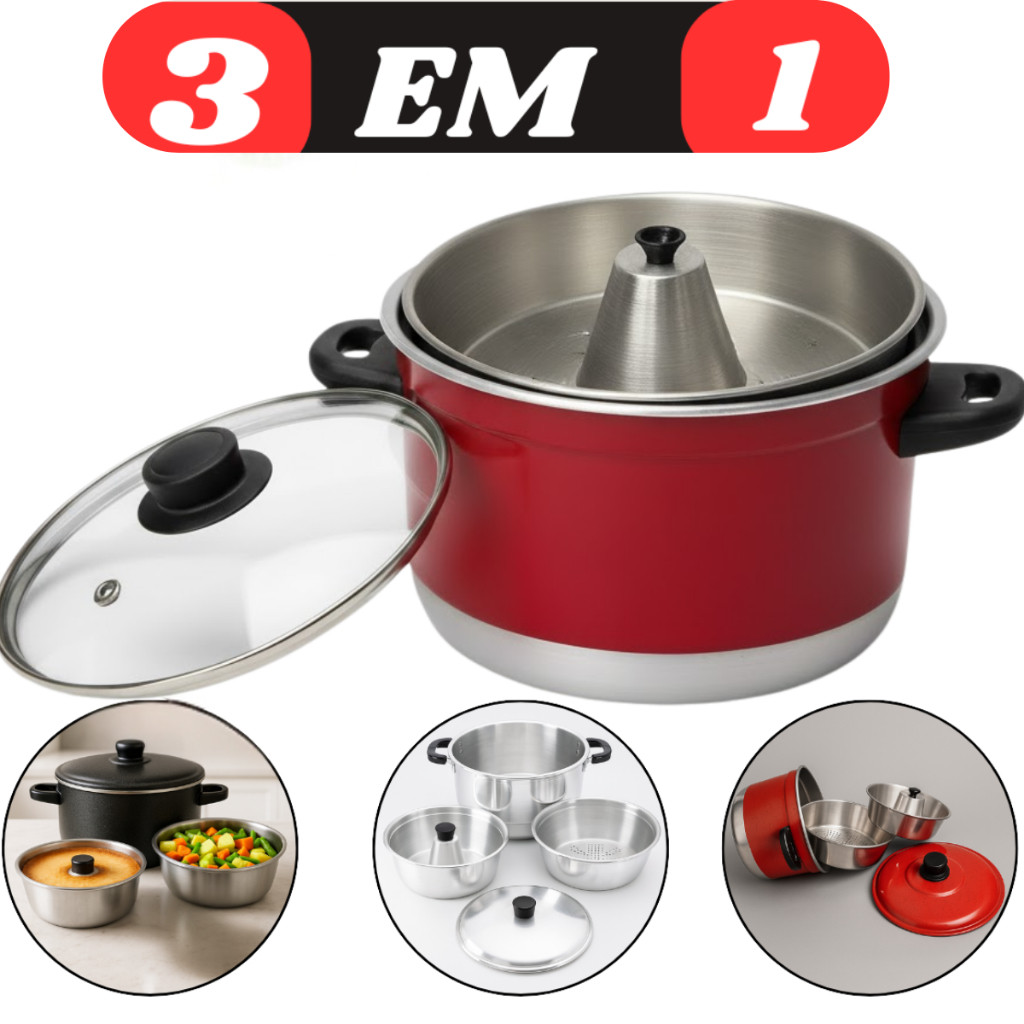 Panela Alumínio 3 Em 1 Tampa de Vidro Multiuso com forma Pudim legumes Vapor Cuscuzeira Banho Maria