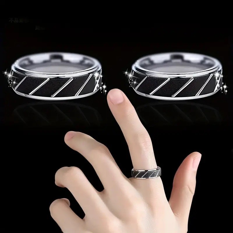 Anel masculino elegante e aristocrático, de alta qualidade, com ranhuras prateadas e acabamento preto, estilo imponente,