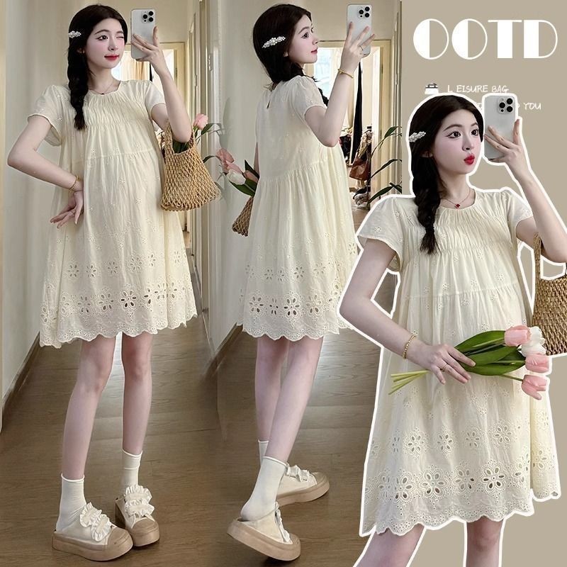 Francês moda vestido de maternidade vestido solto bordado camisa do bebê pequeno cara capa barriga feminina