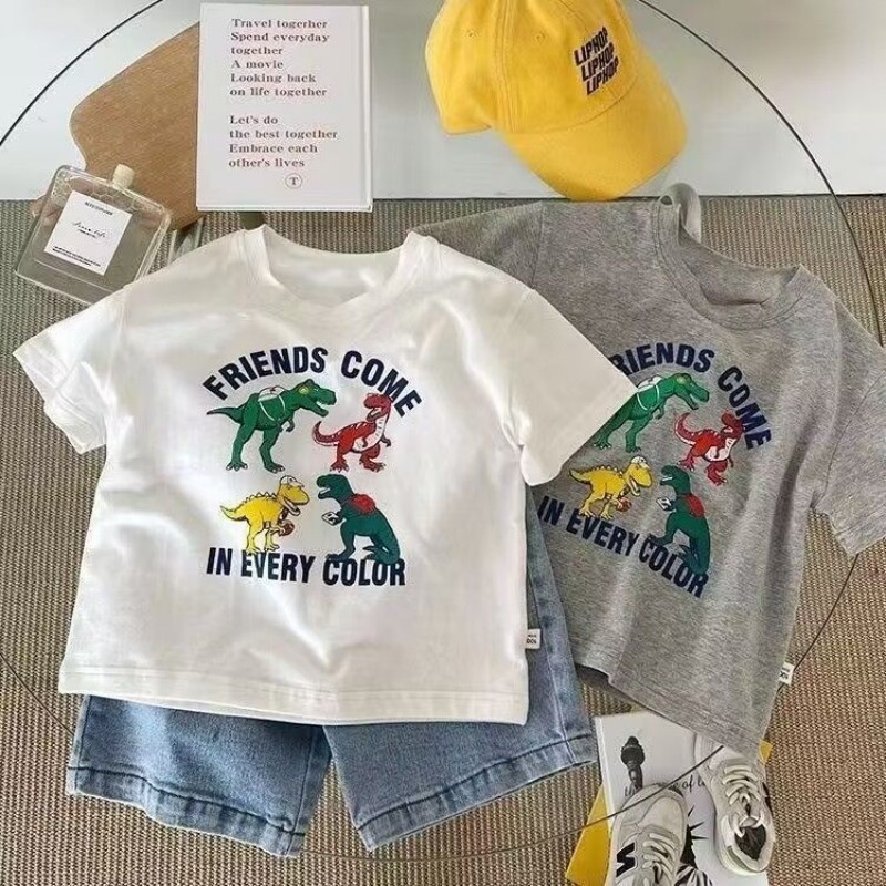 100% algodão meninos verão camiseta de manga curta bebê dinossauro impressão pequeno médio roupas infantis dos desenhos 