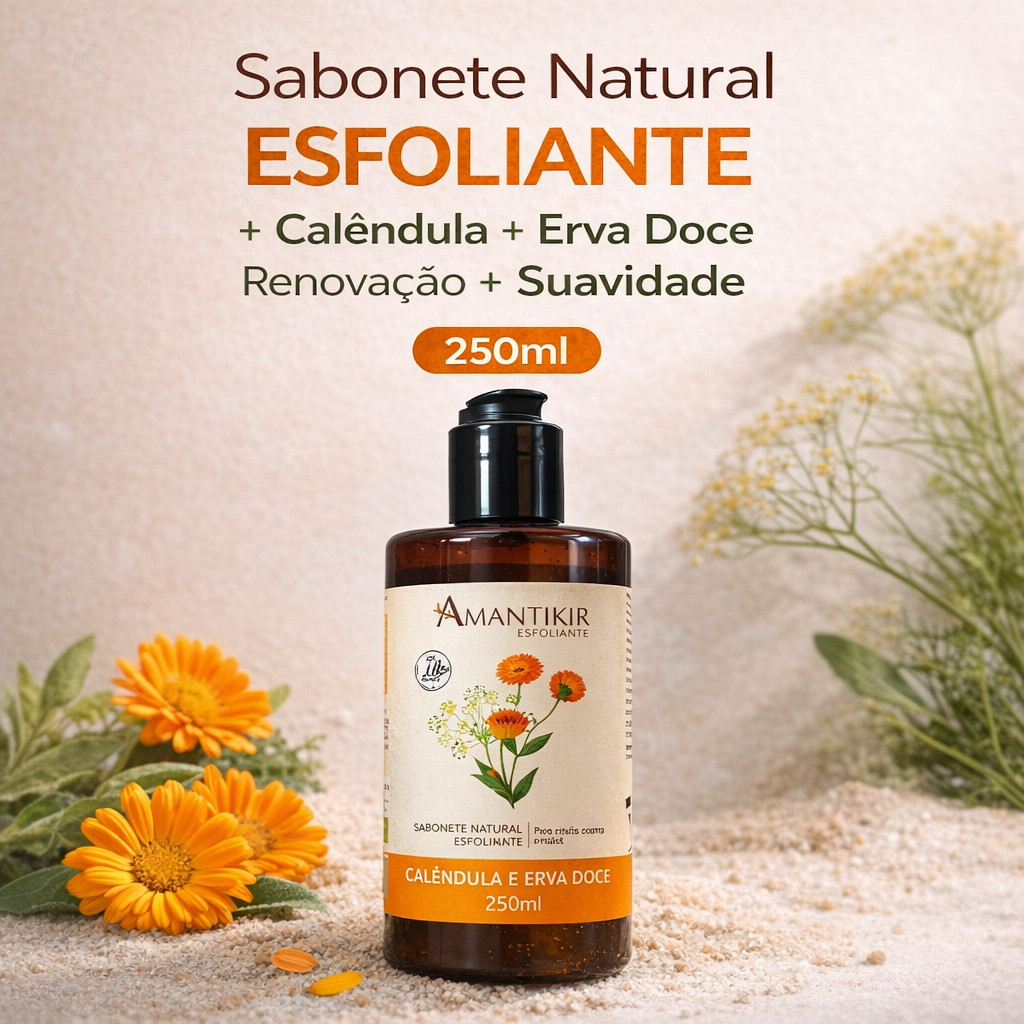 Sabonete Natural Esfoliante Calêndula e Erva Doce 250ml Amantikir | Hidratante Corporal Suave