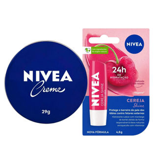 Kit Nivea Care Creme Hidratante Latinha Azul 29g + Hidratante Labial Cereja Shine 4,8g em Oferta na Shopee