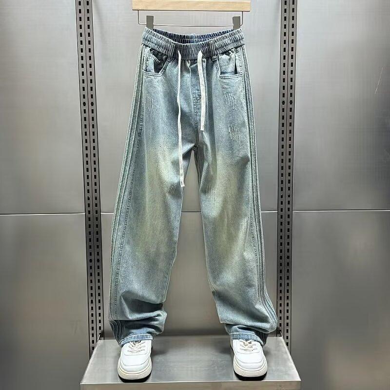 Calças jeans masculinas de corte reto e perna larga com efeito tie-dye, estilo vintage, corte folgado e lavagem desgasta