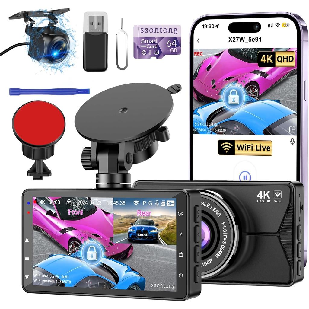 Câmera Veicular Frontal e Traseira, Dash Cam 4K com Controle WiFi/APP, Câmera Veicular com Cartão de 64GB para Carros, D