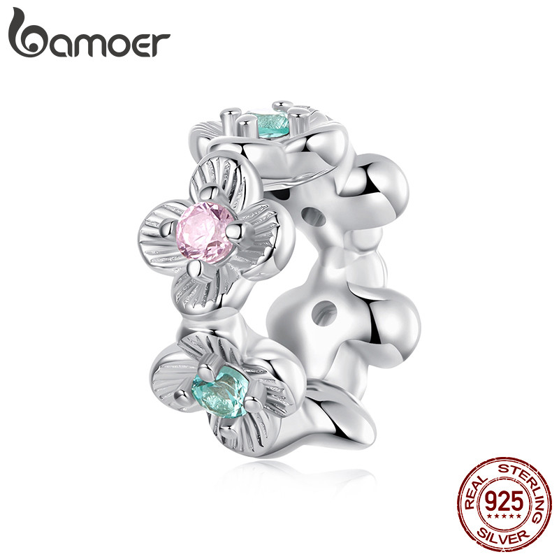 Bamoer 925 Prata Esterlina Pingente Primavera Flor Frisado Diy Pulseira Jóias Presente Para Mulher
