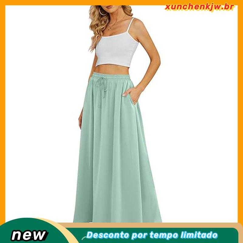 Saia Longa Plus Size Viscolinho Cintura Alta com Bolsos e Fendas Laterais