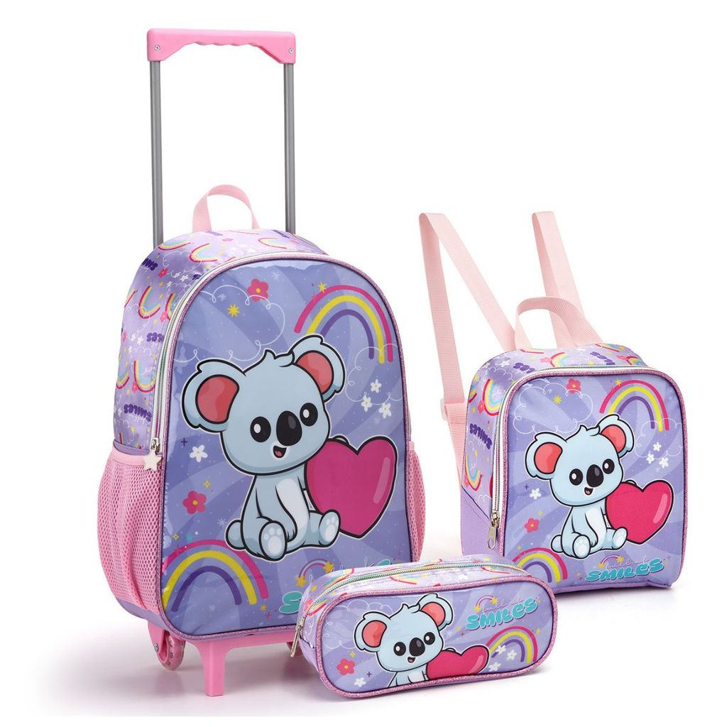 Kit Mochila Rodinhas Escolar Infantil Coala Coração Seanite