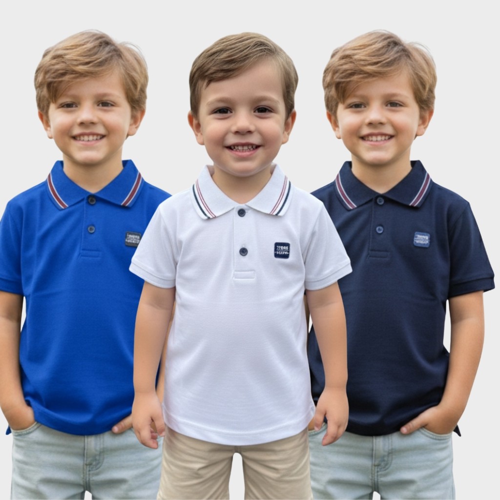 Kit 3 Camisas Básica Masculina Gola Polo Infantil Manga Curta Tecido Premium De Alta Performance 100% Algodão