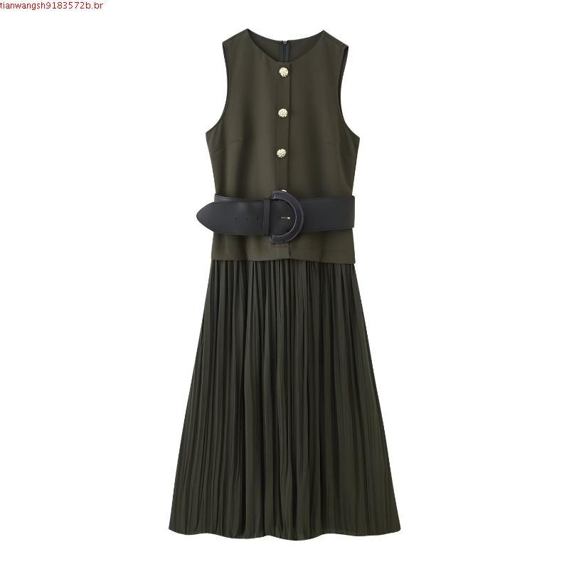 Vestido de Outono Chic Fashion com Pregas Longo para Mulheres 2025 com Cinto Vestido Midi Sem Mangas Casual