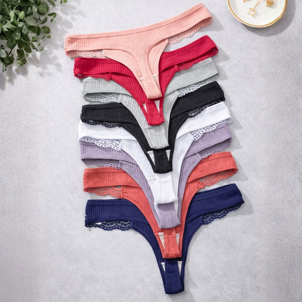 Kit 8 Calcinha de Algodão Fio Dental Feminina Canelada com Renda