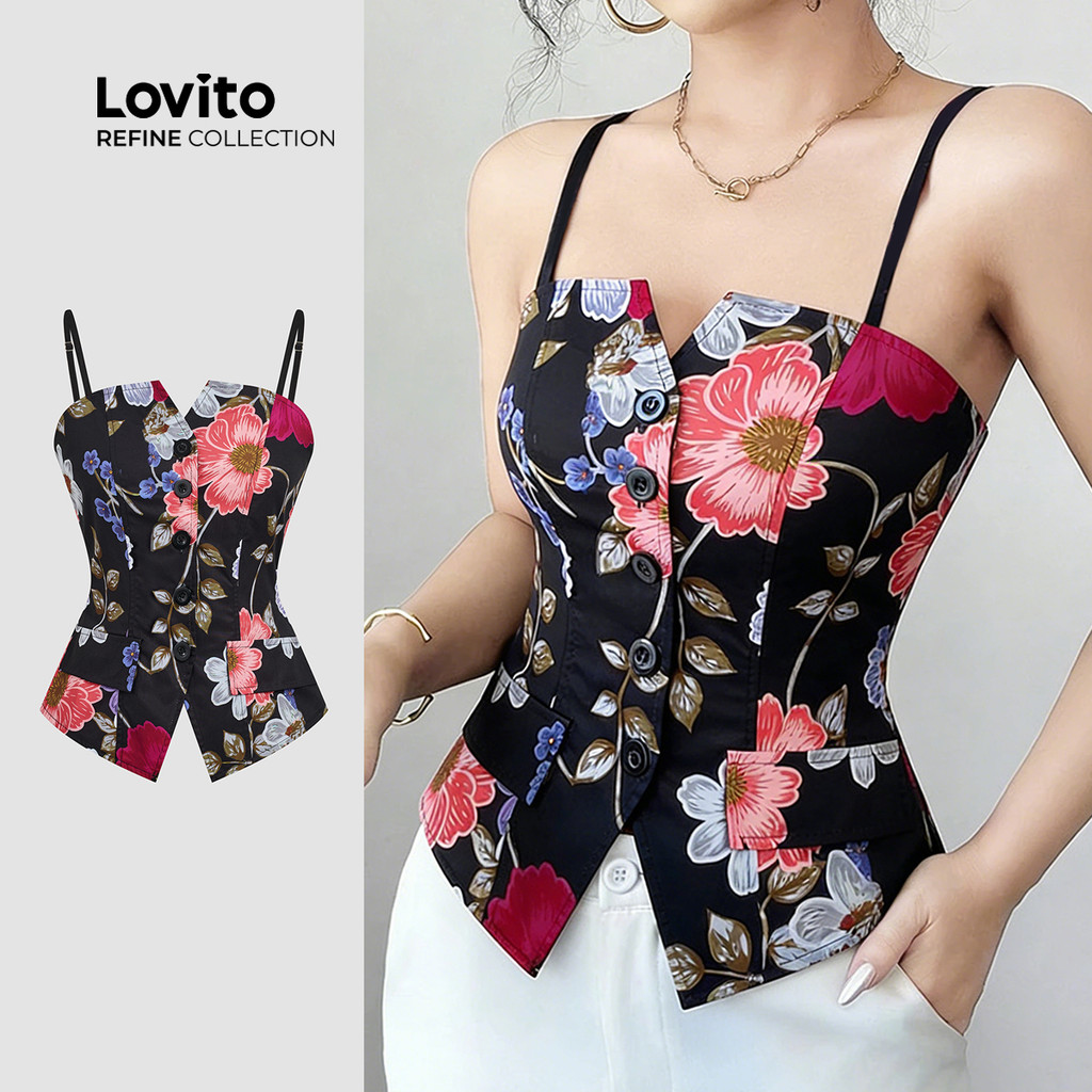 (Lovito Refine)  Top Elegante com Botão Superior para Primavera/verão para Mulheres LR29L068
