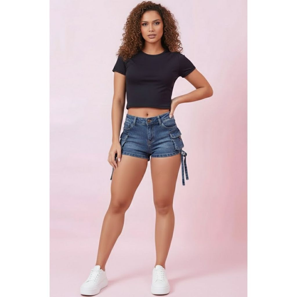 Short Feminino Cargo Premium Planet Girls Jeans Claro