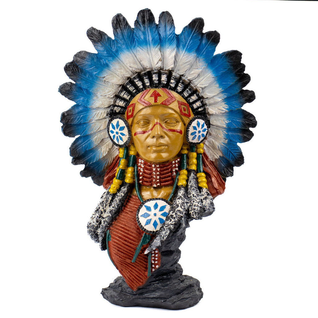 Escultura Busto Índia Cocar de Pena Colorida 29 cm em Resina