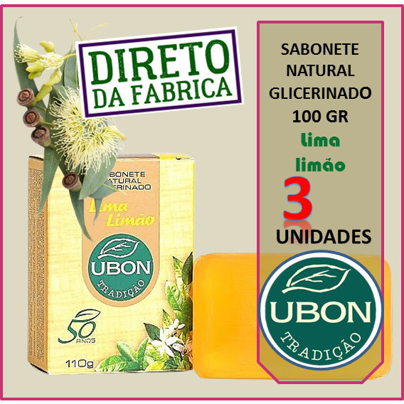 3 Sabonetes Em Barra De glicerina Ubon Lima Limão100 g Glicerinado com Oleos Essencias e Umectantes