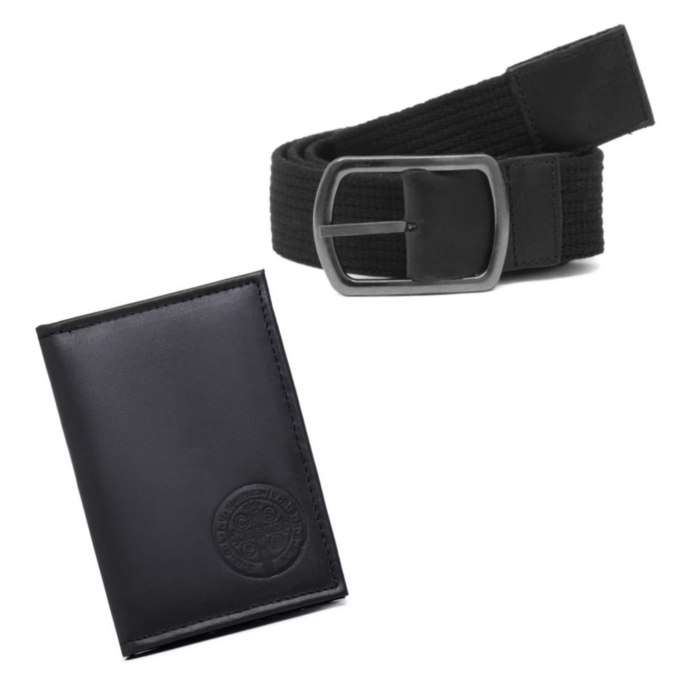Kit Porta Documentos CNH RG Couro Divisorias Estampa Medalha São Bento e Cinto Gorgurão Reforçado