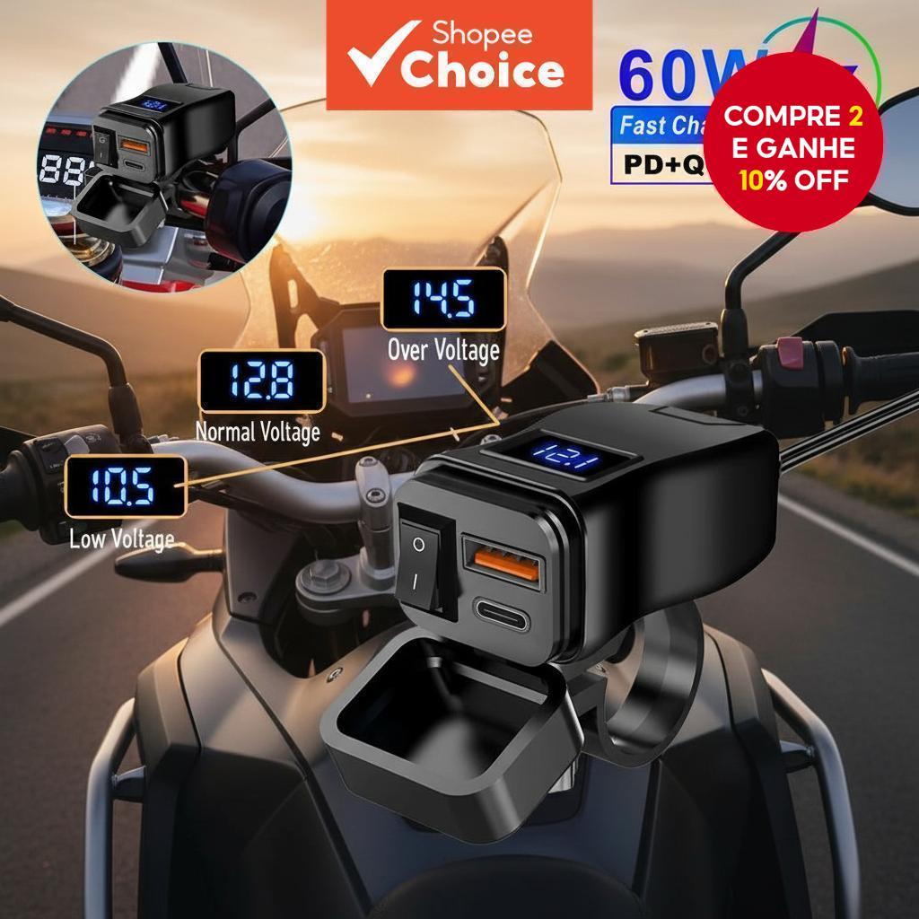  Adaptador à prova d'água com voltímetro LED 60W Carregador rápido USB duplo PD QC3.0 para guidão de motocicleta