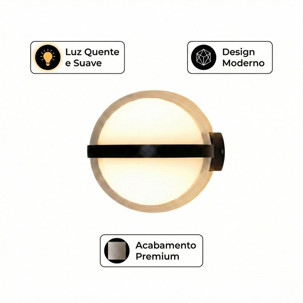 Arandela LED 12W Redonda IP65 Muro Fachada 3000K Luz Quente Bivolt Impermeável Externa Interna