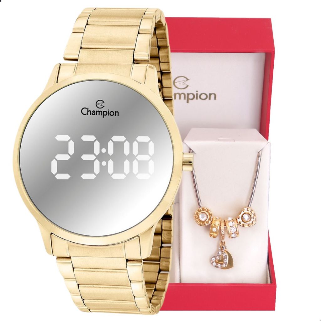 Relógio Feminino Champion Dourado Digital Espelhado CH40147B Original + Pulseira Berloque