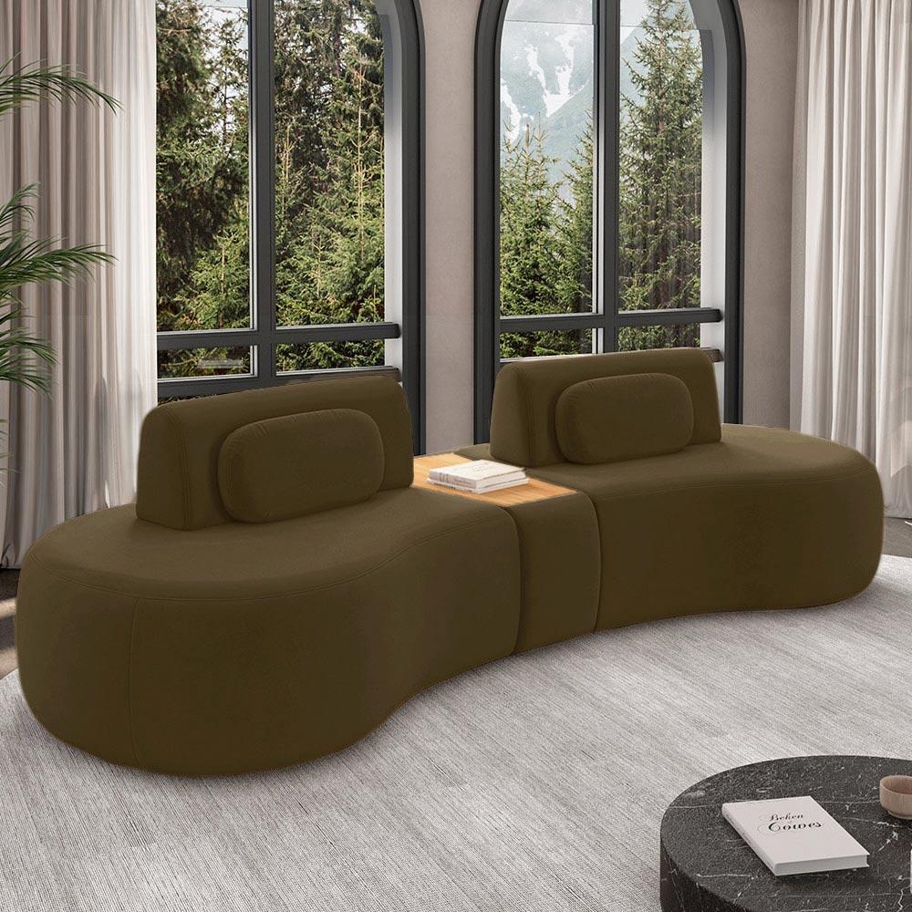 Imagem Sofá Sala de Estar Modulado França 302cm com Encosto Articulável Mesa Central e Almofadas Veludo Marrom G45 - Gran Belo